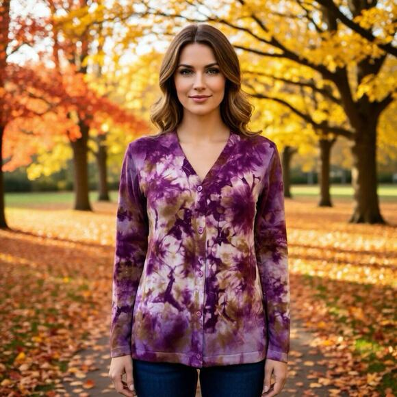 Kenar Sweaters - Kenar Cotton Sweater Womens Medium Tie Dyed Knit V-Neck Career Academia Church